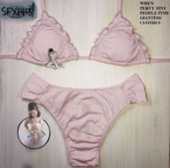 collage panties masturbation long_hair barefoot cleavage bra brunette sitting shrunken_people naked_man standing up_close narration sfxhh3