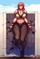 breasts drawing giantess mega color large_breasts long_hair destruction cleavage buildings green_eyes gloves red_hair muscles skyscraper leaning leaning_against_building top belt mary_jane spider-man marvel_comics the_wasp bare_midriff gareit0 earth_20052