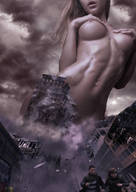 breasts growth nipples giantess collage nude city destruction buildings brunette outgrowing_building lips navel belly abs running athletic from_below redcoffee1
