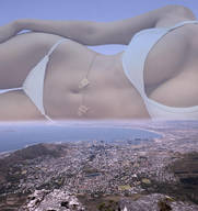 bikini breasts giantess collage city mega skyline lying_down navel belly horizon redcoffee1 sierra_skye distance