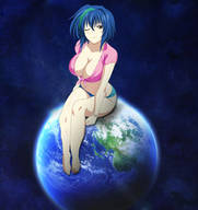 drawing collage earth giga space color large_breasts planet cleavage anime blue_hair sitting cosmic_giantess sitting_on_planet redcoffee1 high_school_dxd xenovia_quarta