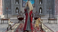 blonde long_hair clothed princess castle cake dress boots shrunken_men standing chairs servants drcreep digital_render throne_room