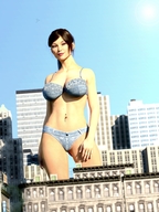 gentle giantess panties city large_breasts long_hair bra buildings brunette navel standing piercing shaven denim digital_render justanotherperson032