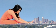 giantess collage city mega black_hair long_hair destruction clothed barefoot sitting kim_kardashian stretching