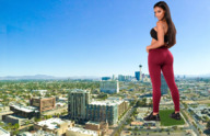 giantess collage city black_hair long_hair butt clothed buildings shoes standing pants looking_back looking_at_viewer sports_bra