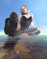 giantess collage giga blonde long_hair destruction clothed high_heels boots sitting collar fishnets goth airport tattoo looking_at_viewer leather_clothing fanta333