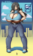 drawing gentle giantess city black_hair color long_hair cleavage buildings jeans huge_breasts looking_down standing aliessa dkdevil