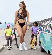 bikini gentle collage long_hair clothed cleavage shoes brunette smiling navel amazon standing onlookers van skate_board