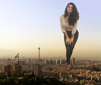 giantess collage city black_hair large_breasts long_hair clothed cleavage high_heels buildings jeans shirt redcoffee1 iran gita_hadizadeh
