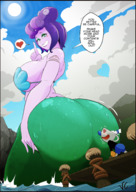 drawing giantess color large_breasts mermaid looking_down large_butt dialogue cuphead cala_maria mugman