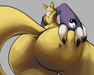 drawing furry tail anthro color butt digimon climbing low_angle looming unaware thighs renamon squeezing on_butt no_background bare_legs saatchi yellow_skin squeaks