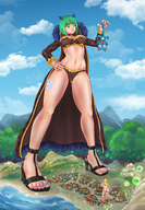 drawing giantess feet color handheld multiple_sizes green_hair thong hand legs belly mountains clouds thighs sky pedicure fairy_tail looking_at_tiny brandish micwhyss