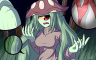 breasts drawing giantess color mouth teeth multiple_sizes shrunken_people sweater monster_girl fingertip in_hair cyclops cutelittlenightmare mushroom_girl mycena