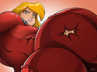 drawing blonde color butt clothed butt_crush sitting shrunken_man looking_down clover costume totally_spies jumpsuit mousticus