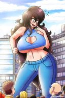 drawing giantess city black_hair color large_breasts long_hair clothed cleavage buildings jeans people pants aliessa