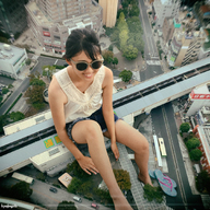 giantess collage barefoot brunette asian sunglasses flip_flops sitting_on_building kyojingirls