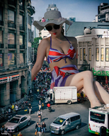 bikini breasts giantess collage mega cleavage asian street sitting sunglasses vehicles onlookers sun_hat sarong flag_bra kyojingirls