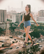 giantess collage city black_hair long_hair buildings asian street ponytail sandals walking vehicles top daisy_dukes kyojingirls