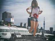 giantess collage city black_hair buildings asian shorts sunglasses shirt backpack kyojingirls