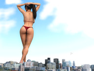 bikini gentle giantess city mega long_hair butt barefoot buildings brunette ponytail looking_down digital_render justanotherperson032