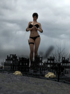 bikini giantess city long_hair destruction cleavage brunette tank domination ponytail navel looking_down standing knife digital_render justanotherperson032