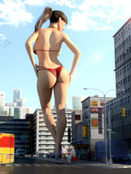 bikini gentle giantess city long_hair butt barefoot buildings brunette ponytail looking_down standing onlookers looking_away digital_render justanotherperson032