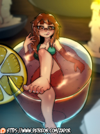 bikini drawing blushing color long_hair barefoot glasses brunette shrunken_woman licking_lips wine_glass in_glass lemon zapor
