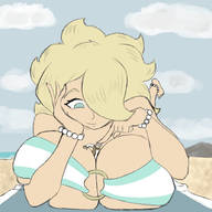 drawing gentle giantess blonde color cleavage huge_breasts lying_down looking_at_tiny geoligar between_breasts