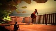barefoot dress sitting shorts unaware shrunken_man shirt looking_away blurry leaves digital_render ubersalamander