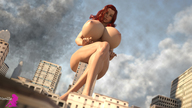nipples giantess nude city long_hair barefoot buildings huge_breasts red_hair sitting looking_down manicure digital_render vexille
