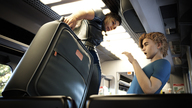 gentle long_hair clothed brunette amazon bus standing digital_render suitcase fater leather_clothing onlooker