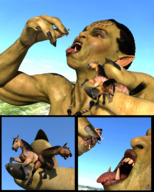 giantess vore tongue mouth teeth hand open_mouth sky between_fingers orc horses panels digital_render orc_girl vorifax