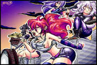 breasts drawing giantess white_hair city black_hair color long_hair butt destruction clothed purple_hair blood red_hair giantesses outdoors voluptuous band sector316