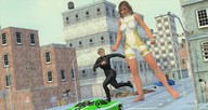 giantess city blonde long_hair destruction clothed barefoot buildings multiple_sizes street mini_giantess running giantesses women vehicles spandex chasing digital_render