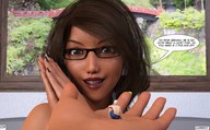 clothed handheld glasses brunette short_hair shrunken_man dark_skin indoors nail_polish dialogue black_nails digital_render yellow_nails aaabbbzzz