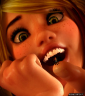 gentle blonde teeth green_eyes smiling elf shrunken_people freckles digital_render opal ashkiiwolf