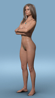 breasts nipples gentle nude pussy blonde long_hair blue_eyes barefoot pubic_hair cleavage sitting navel shrunken_man standing piercing necklace digital_render starkadhr