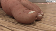 micro nude feet black_hair long_hair butt barefoot climbing shrunken_woman ilayhu indoors pedicure freckles digital_render narration