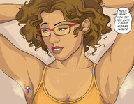 drawing gentle giantess color long_hair clothed cleavage glasses climbing brunette sweat top dialogue smushedboy armpits