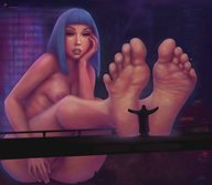 breasts drawing nipples gentle giantess pussy color long_hair butt bridge barefoot blue_hair shaven raincoat blade_runner_2049 hologram joi 34-san