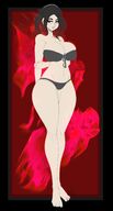 drawing black_hair color large_breasts long_hair cleavage glasses underwear unknown_artist shrunken_man looking_back between_breasts