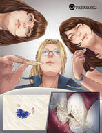 drawing crush vore blonde color long_hair blue_eyes glasses blue_hair blood brunette low_angle gore hard_vore shrunken_people looking_up panels anirusfere dip a_weekend_alone chips valerie_bradson sarah_leheron mary-jean_leheron jieun