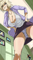 breasts drawing panties upskirt blonde color large_breasts clothed cleavage skirt shrunken_man looking_down milf point_of_view hands_on_hips bryan_lobdell biting_lip my_hero_academia mitsuki_bakugou