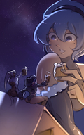 drawing gentle giantess color blue_hair drinking night beer toast barrel 夏死人