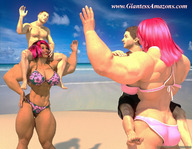 bikini long_hair beach pink_hair mini_giantess sitting tall muscles amazon women ilayhu outdoors strong digital_render giantessamazons