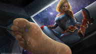 breasts drawing crush blonde color toes barefoot sweat boots unaware shrunken_person belt anirusfere legs_crossed marvel_comics captain_marvel mikurei26 carol_danvers