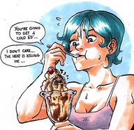 drawing gentle color blue_hair eating shrunken_person no_background on_food icecream