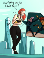 breasts drawing giantess white_hair tail mega color long_hair claws cleavage brunette red_hair storm skyscraper cat_girl avengers freckles costume tickle top new_york_city ripped_clothing dialogue tigra x-men catfight orange_skin mary_jane spider-man marvel_comics bare_midriff caiman2 black_panther earth_20052 hellcat