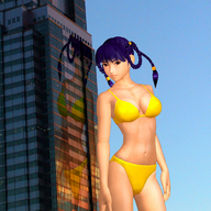 giantess mega swimsuit purple_hair brown_eyes unknown_artist twintails dead_or_alive lei_fang digital_render