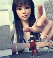 giantess city black_hair reaching leaning_on_building digital_render innocent-owl